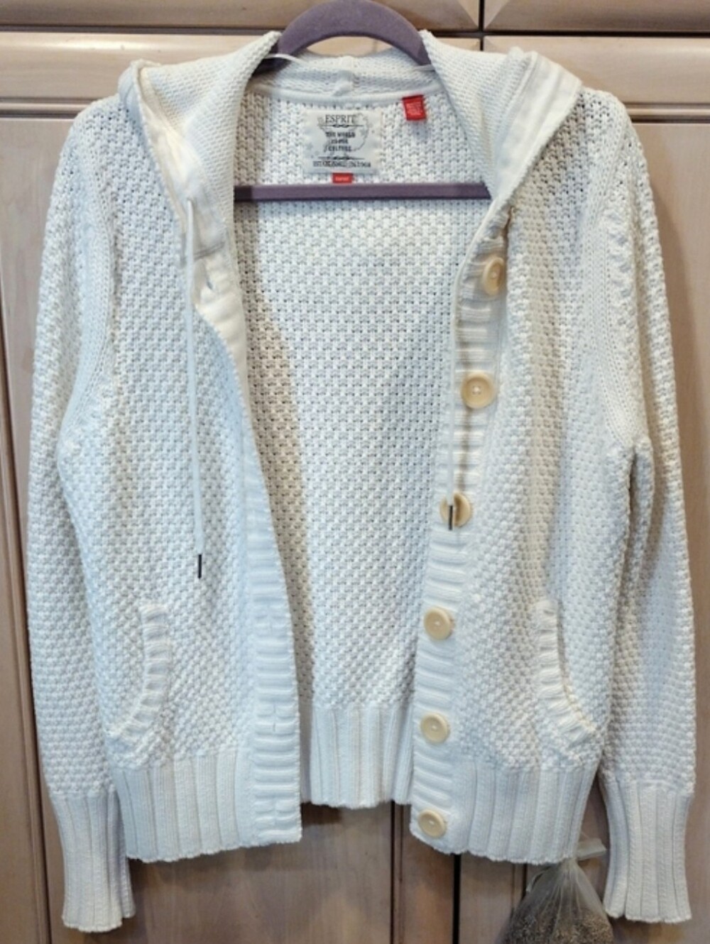 Y2K Esprit Cream Knit Hooded Cardigan with Button Front
